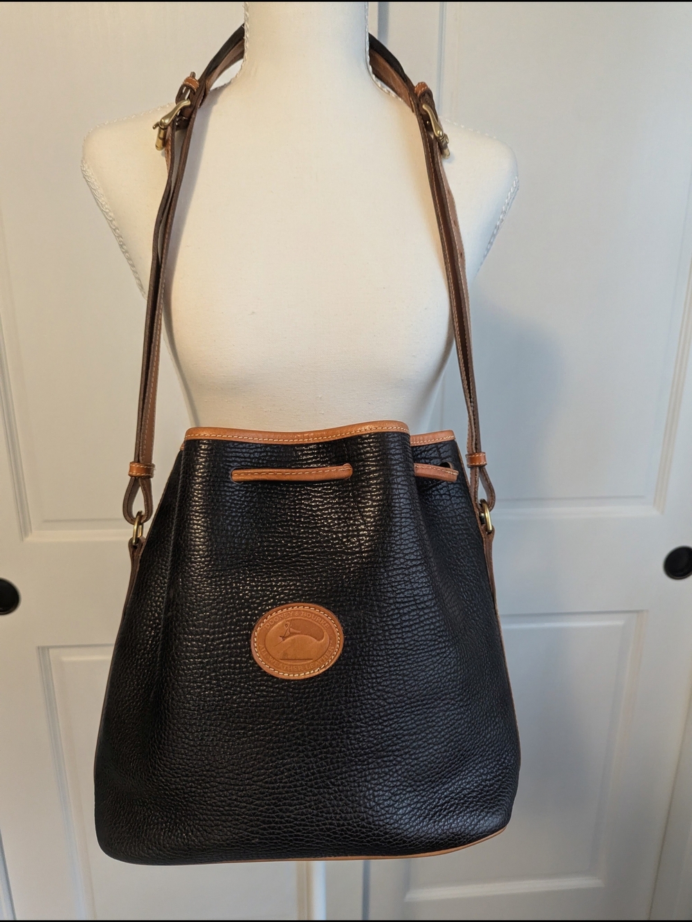 Dooney & Bourke Pebbled Leather Drawstring Bucket Bag - Black/Tan